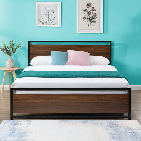 Industrial Platform Full Bed Frame/Mattress Foundation with Rustic Headboard and Footboard, Strong Steel Slat Support, No Box Spring Needed, Noise Free, Easy Assembly