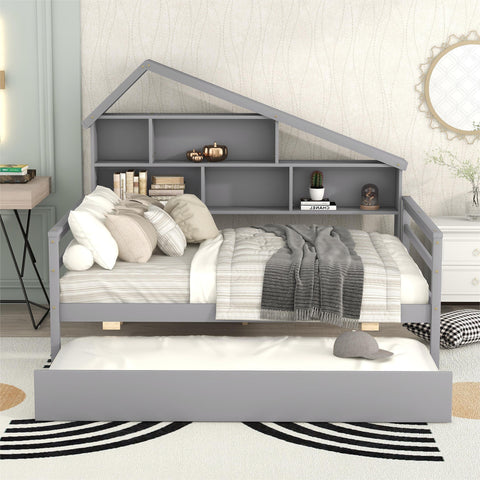 Full Size Platform Bed with Trundle and House Shaped Shelving - Gray- by Lissie Lou