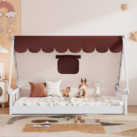 Wooden Full Size Tent Bed with Fabric for Kids,Platform Bed with Fence and Roof, White+Brown- Online Orders Only