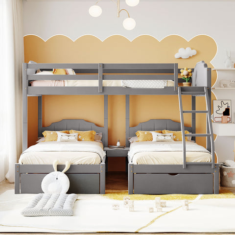 Full Over Twin & Twin Triple Bunk Bed with Drawers and Guardrails - Elegant Gray Velvet