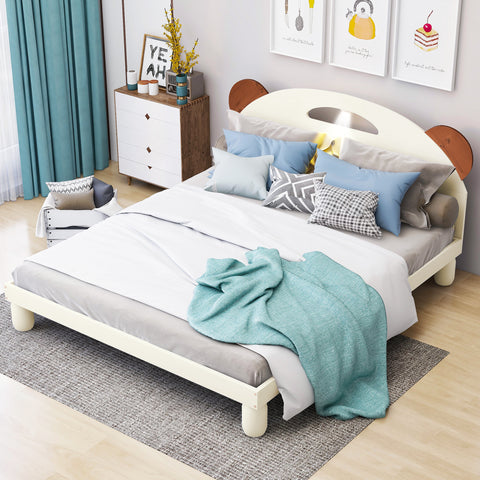 Full Size Platform Bed with Bear Ears Shaped Headboard and LED - Cream White- by Lissie Lou