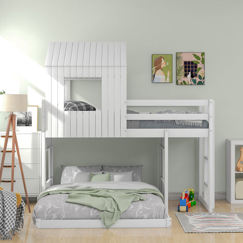 Wooden Twin Over Full Bunk Bed, Loft Bed with Playhouse, Farmhouse, Ladder and Guardrails, White( old sku: LT000027AAK )