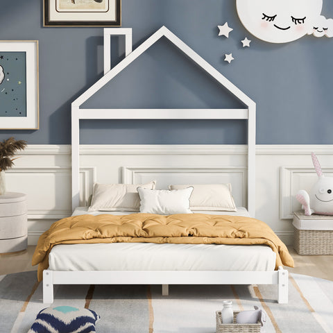 Full Size Wood Platform Bed with House-shaped Headboard  (White)