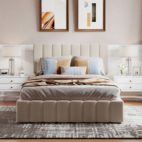 Full Size Upholstered Platform Bed with Hydraulic Storage System - Beige- by Lissie Lou