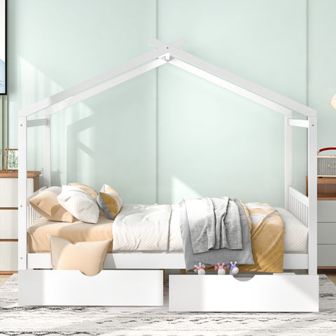 Full Size House Platform Bed with Two Drawers, Headboard, and Footboard - White- by Lissie Lou