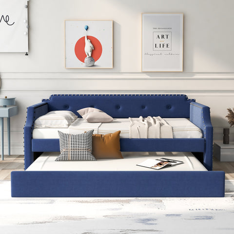 Upholstered Daybed with Trundle, Wood Slat Support, Upholstered Frame Sofa Bed, Twin, Blue- Online Orders Only