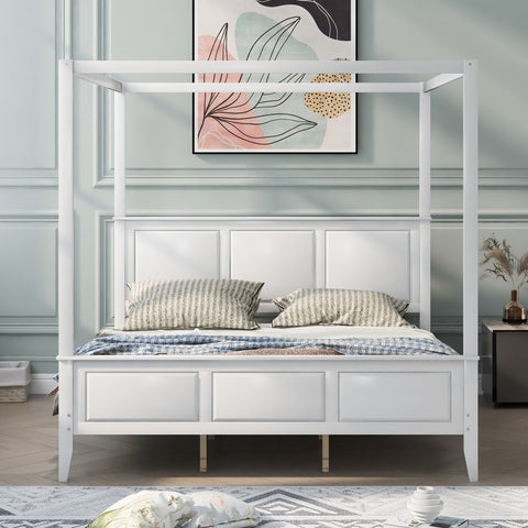 King Size Canopy Platform Bed with Headboard and Footboard, With Slat Support Legs- White