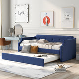 Upholstered Daybed with Trundle, Wood Slat Support, Upholstered Frame Sofa Bed, Twin, Blue- Online Orders Only