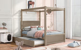 Wood Canopy Bed with Trundle Bed ,Full Size Canopy Platform bed With  Support Slats .No Box Spring Needed, Brushed  Light Brown- Online Orders Only