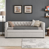 Twin Daybed with Twin Trundle Upholstered Tufted Sofa Bed, with Button and Copper Nail on Square Arms, Beige（85“x42.5”x31.5“)
