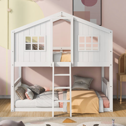 Twin Over Twin House Bunk Bed With Ladder, Wood Bed-White