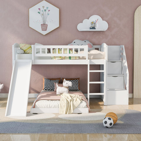 Stairway Twin over Twin Bunk Bed with Two Drawers and Slide, White(OLD SKU :LP000156AAK)