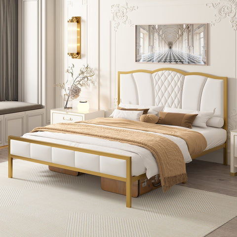 Queen Size Bed Frame, Modern Upholstered Bed Frame with Tufted Headboard, Golden Metal Platform Bed Frame with Wood Slat Support, Noise Free, No Box Spring Needed,Beige