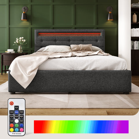 Queen Size Upholstered Platform Bed Frame with 4 Storage Drawers, LED Lights, and Adjustable Headboard - Grey- by Lissie Lou