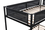 Twin over Full Metal Bunk Bed with Trundle/ Sturdy Metal Bed Frame/ Noise-Free Wood Slats/ Comfortable Textilene Guardrail/ Space-saving Trundle/ Bunk Bed for Three/ No Box Spring Needed
