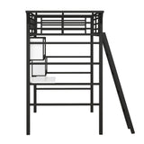 Twin Size Metal Loft Bed with 2 Shelves, a desk and a Hanging Clothes Rack, Black and White