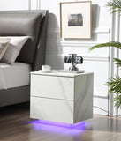 Modern LED Nightstand with 2 Drawers - White Marble Grain Finish by Lissie Lou