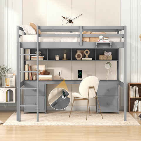 Full Size Loft Bed with Desk, Cabinets, Drawers, and Bedside Tray - Charging Station, Gray- by Lissie Lou