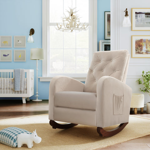 High Back Rocking Chair Nursery Chair - Comfortable Rocker, Fabric Padded Seat, Modern High Back Armchair, Beige by Lissie Lou