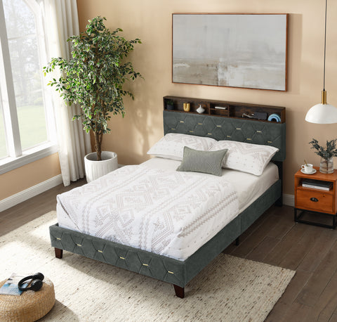 Full Size Upholstered Platform Bed Frame with Shelf Headboard - Grey- by Lissie Lou