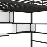 Twin Size Metal Loft Bed with 2 Shelves, a desk and a Hanging Clothes Rack, Black and White