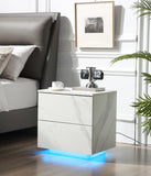 Modern LED Nightstand with 2 Drawers - White Marble Grain Finish by Lissie Lou