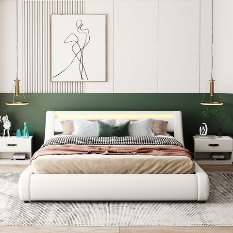 White Upholstered Faux Leather Platform bed with a Hydraulic Storage System with LED Light Headboard Bed Frame with Slatted Queen Size- Online Orders Only