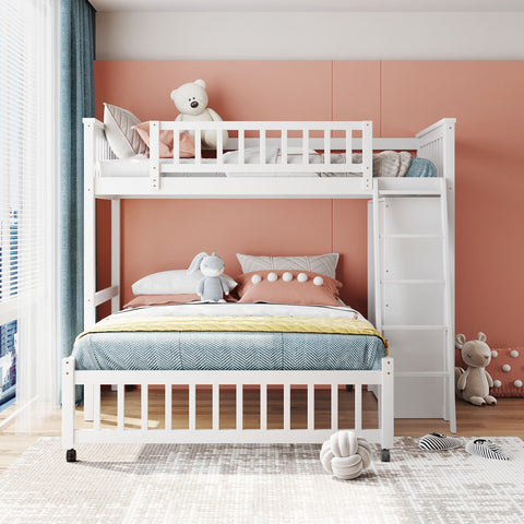 Wooden Twin Over Full Bunk Bed With Six Drawers And Flexible Shelves, Bottom Bed With Wheels,White- Online Orders Only