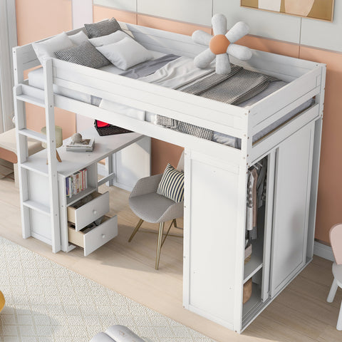 Wood Twin Size Loft Bed with Wardrobes and 2-Drawer Desk with Cabinet, White- Online Orders Only