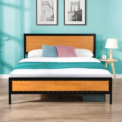 Industrial Platform Queen Bed Frame/Mattress Foundation with Rustic Headboard and Footboard, Strong Steel Slat Support, No Box Spring Needed, Noise Free, Easy Assembly