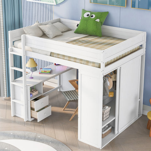 Wood Full Size Loft Bed with Wardrobes and 2-Drawer Desk with Cabinet, White- Online Orders Only