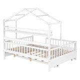 Wooden Full Size House Bed with Twin Size Trundle,Kids Bed with Shelf, White