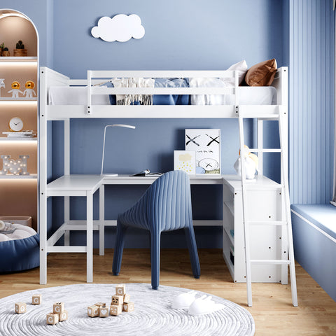 Full Size Loft Bed with Shelves and Desk - White- by Lissie Lou
