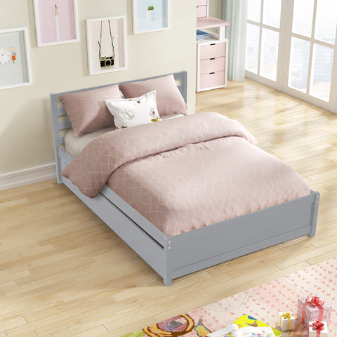 Full Size Wood Platform Bed Frame with Headboard and Twin Trundle For Grey Color