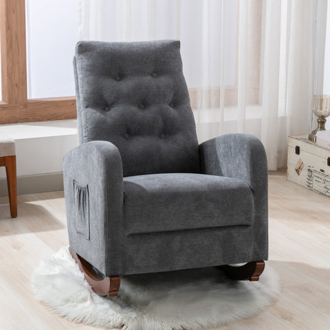 High Back Rocking Chair Nursery Chair - Comfortable Rocker, Fabric Padded Seat, Modern High Back Armchair, Dark Gray, by Lissie Lou