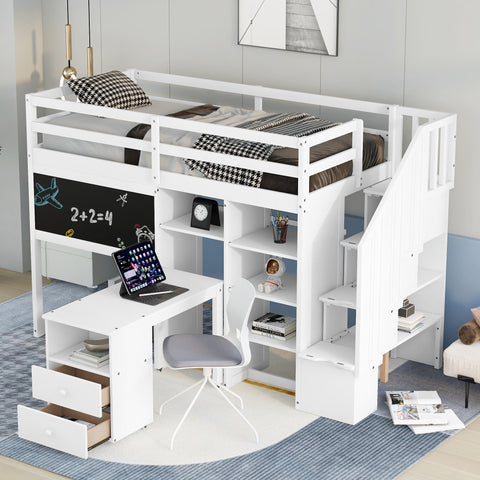 Twin Size Loft Bed with Pullable Desk, Storage Shelves, Staircase, and Blackboard - Multifunctional White Design by Lissie Lou