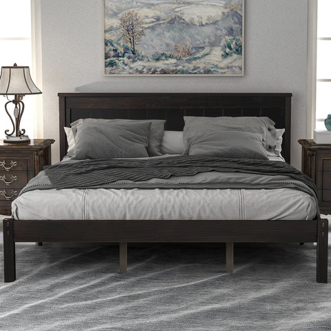 Queen Platform Bed Frame with Headboard, Wood Slat Supports, No Box Spring Needed- Espresso