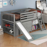 Twin Low Loft Bed with Attached Bookcases, Separate 3-tier Drawers, Convertible Ladder and Slide- Gray