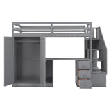 Twin Size Loft Bed with Wardrobe and Staircase, Desk and Storage Drawers and Cabinet in 1- Gray