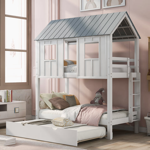 Enchanting Twin Over Twin House Bunk Bed with Trundle, Roof, and Windows in Pure White