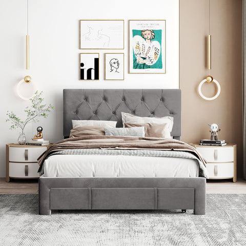 Full Size Storage Bed Velvet Upholstered Platform Bed with a Big Drawer - Grey- Online Orders Only