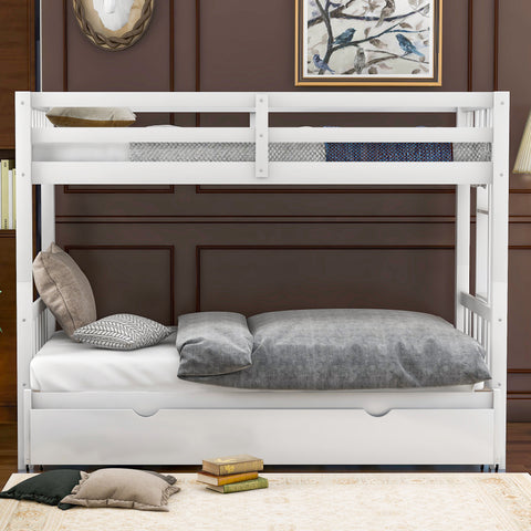 Twin over Twin/Double Pull-out Bunk Bed with Trundle, White