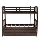 Twin over Twin Wood Bunk Bed with Trundle and Drawers, Espresso