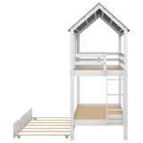 Enchanting Twin Over Twin House Bunk Bed with Trundle, Roof, and Windows in Pure White