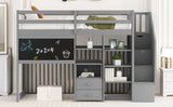 Twin Size Loft Bed with Pullable Desk and Storage Shelves,Staircase and Blackboard, Gray