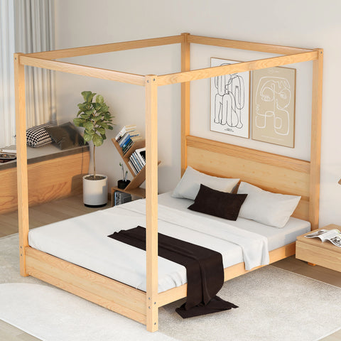Queen Size Canopy Platform Bed with Headboard and Support Legs- Natural