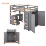 Twin size Loft Bed with Drawers, Desk, and Wardrobe- Gray
