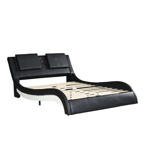 High-Tech Faux Leather Upholstered Platform Bed Frame - LED Lighting, Bluetooth, Massage, Queen- Black