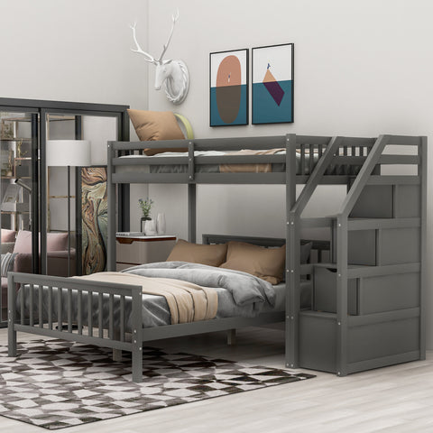 Twin over Full Loft Bed with Staircase,Gray- Online Orders Only