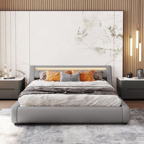 Grey Upholstered Faux Leather Platform bed with a Hydraulic Storage System with LED Light Headboard Bed Frame with Slatted Queen Size